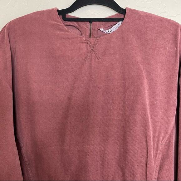 Zara Burgundy 100% Cotton Crewneck Cinched Sleeve Top Small - Picture 3 of 11